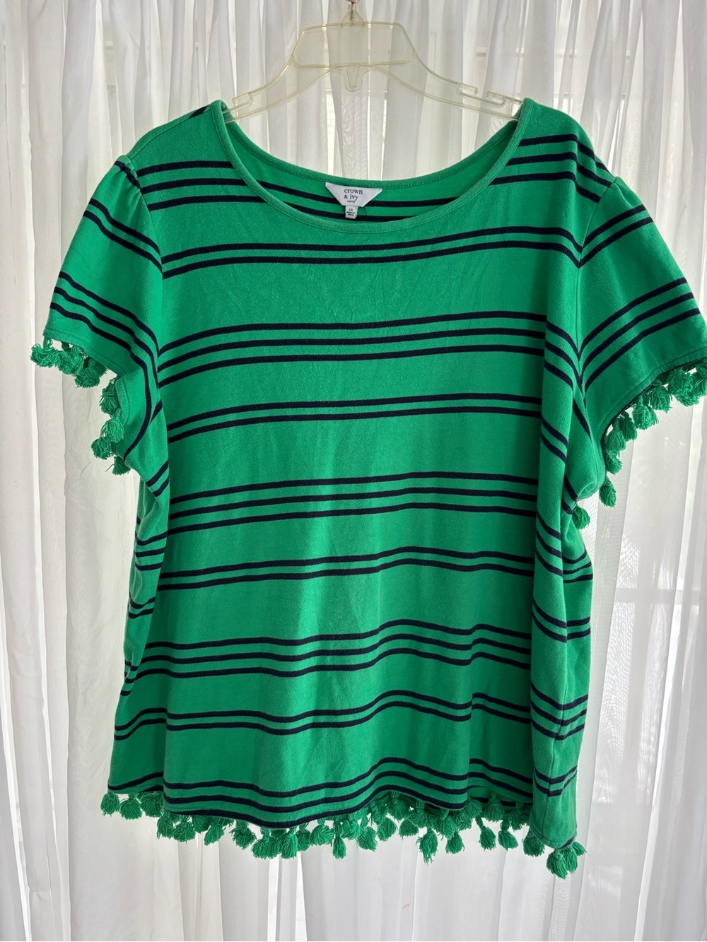 Crown & Ivy Green and Navy Striped Pom Pom Tassel Flutter Short Sleeve Top
